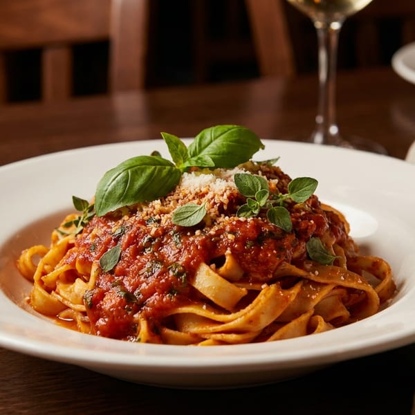 Fettuccine pasta with red sauce, basil, and grated cheese, served on a white plate.