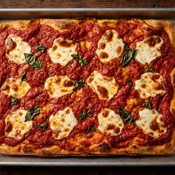 Rectangular pizza with tomato sauce, melted mozzarella, and basil leaves on a metal tray.