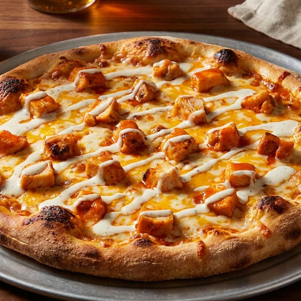 Buffalo chicken pizza with ranch drizzle on a metal tray, with a drink and napkin in the background.