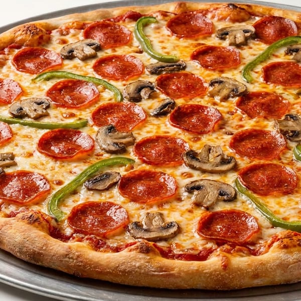 A whole pepperoni, mushroom, and green pepper pizza on a metal tray.