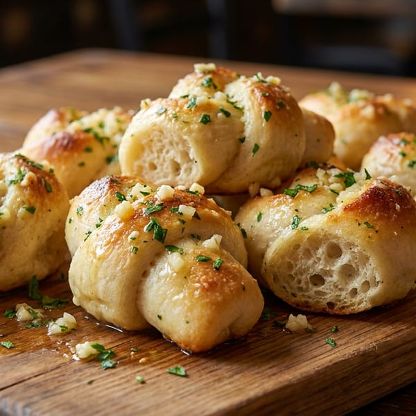 Golden brown garlic knots, glistening with oil and sprinkled with parsley, on a wooden board.