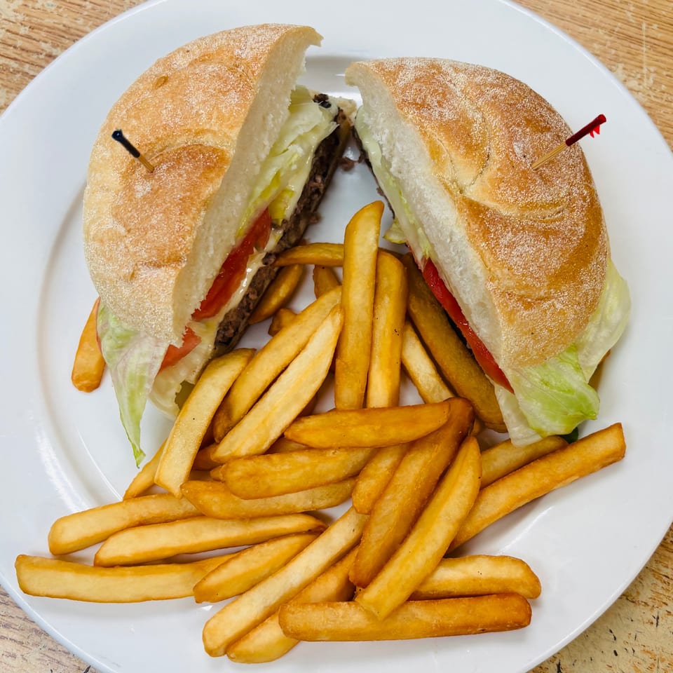 Grilled burger with lettuce, tomato, and cheese served with golden French fries on a white plate.