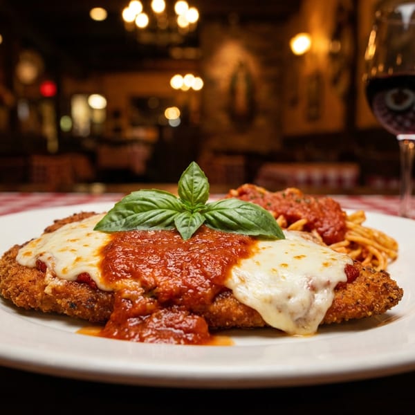Chicken Parmesan with spaghetti, red sauce, melted cheese, and basil, with a glass of red wine.