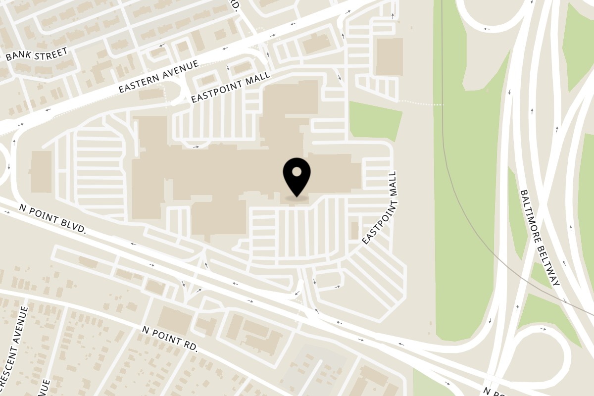 Map showing the location of Roman Delight Pizza Eastpoint Mall on 7835 Eastpoint Mall F8 in Baltimore